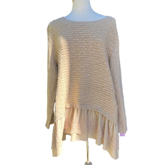 Womens Beige Layered Knit Sweater With Lace Peplum Trim Simply Couture XL - Picture 1 of 9